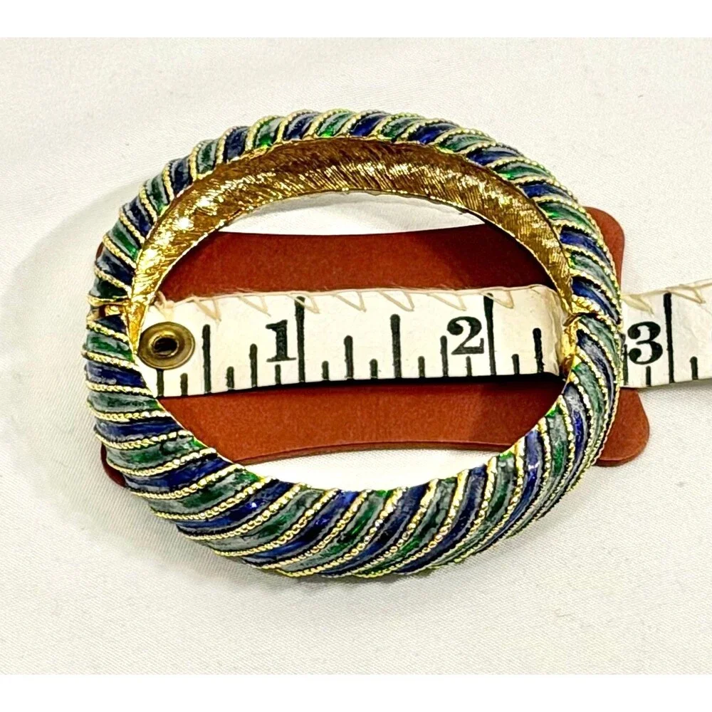 Vintage Blue and Green Enamel Twisted Rope Design Hinge Bangle Bracelet